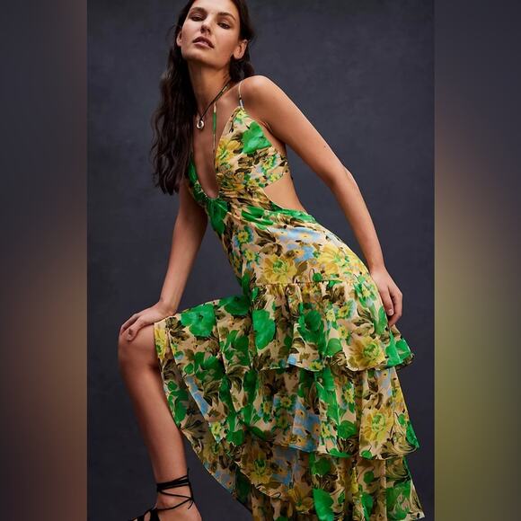 NWT ASTR Aneira Green Yellow Floral Tiered Ruffled Maxi Dress XL - Picture 4 of 10